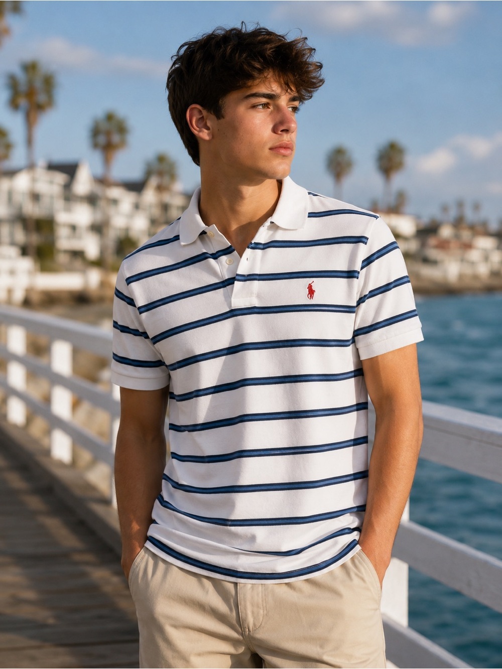Polo Ralph Lauren Boys White & Blue Striped Polo Shirt XL (18-20) 100% Cotton